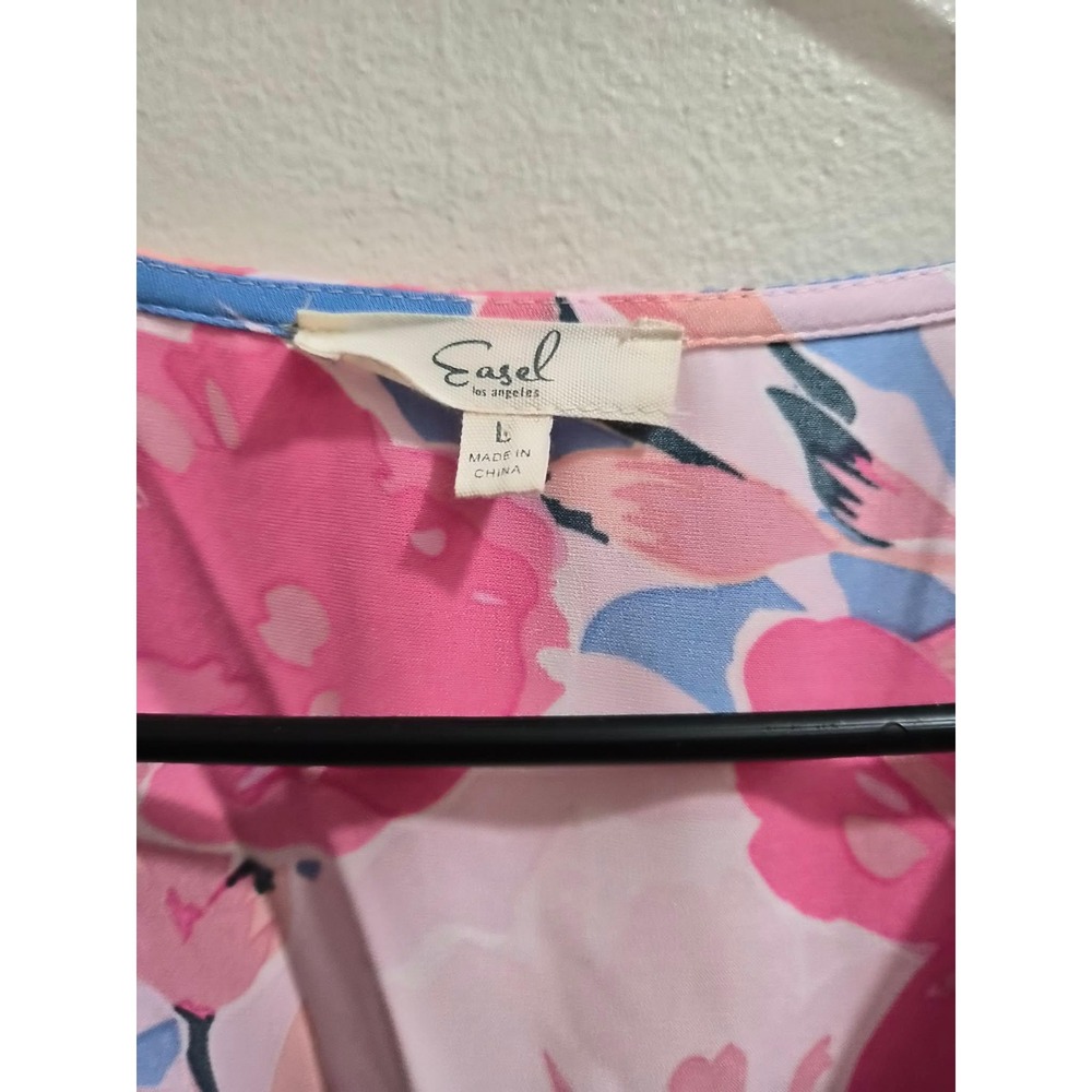 Easel Pink Blue Floral Smocked Waist V-Neck Long Sleeve Tiered Dress Large - Picture 4 of 5